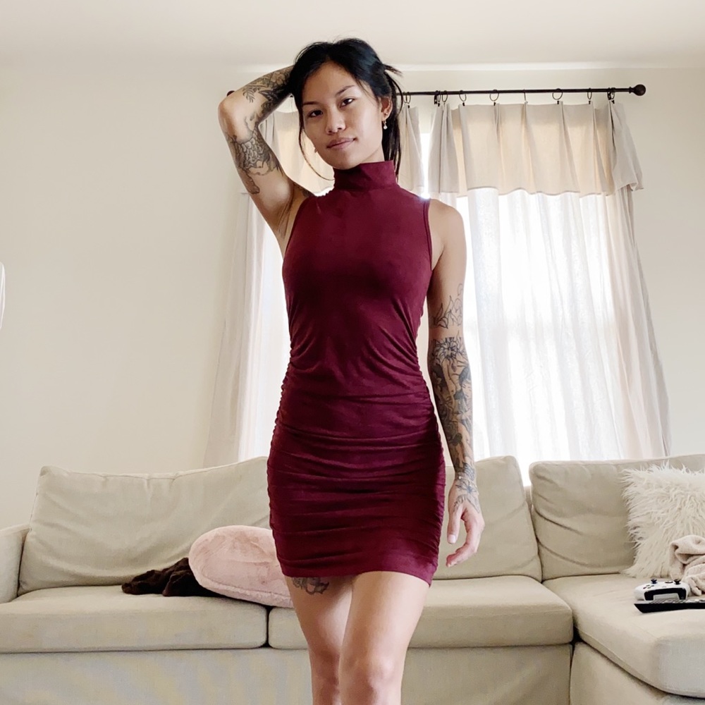 Suede Sleveeless Mock Neck Bodycon Dress